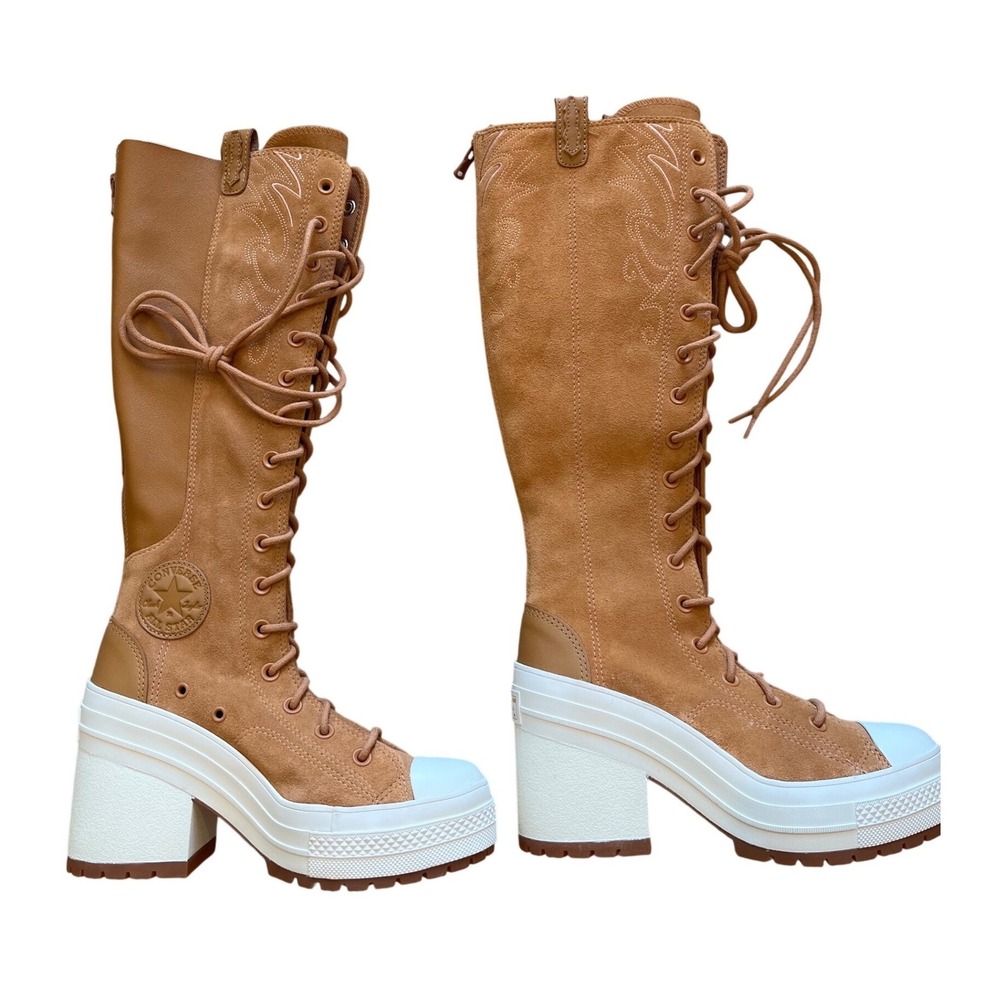 Converse Chuck 70 De Luxe Heel Western Boots Tan Suede Knee High PlatformA06435C